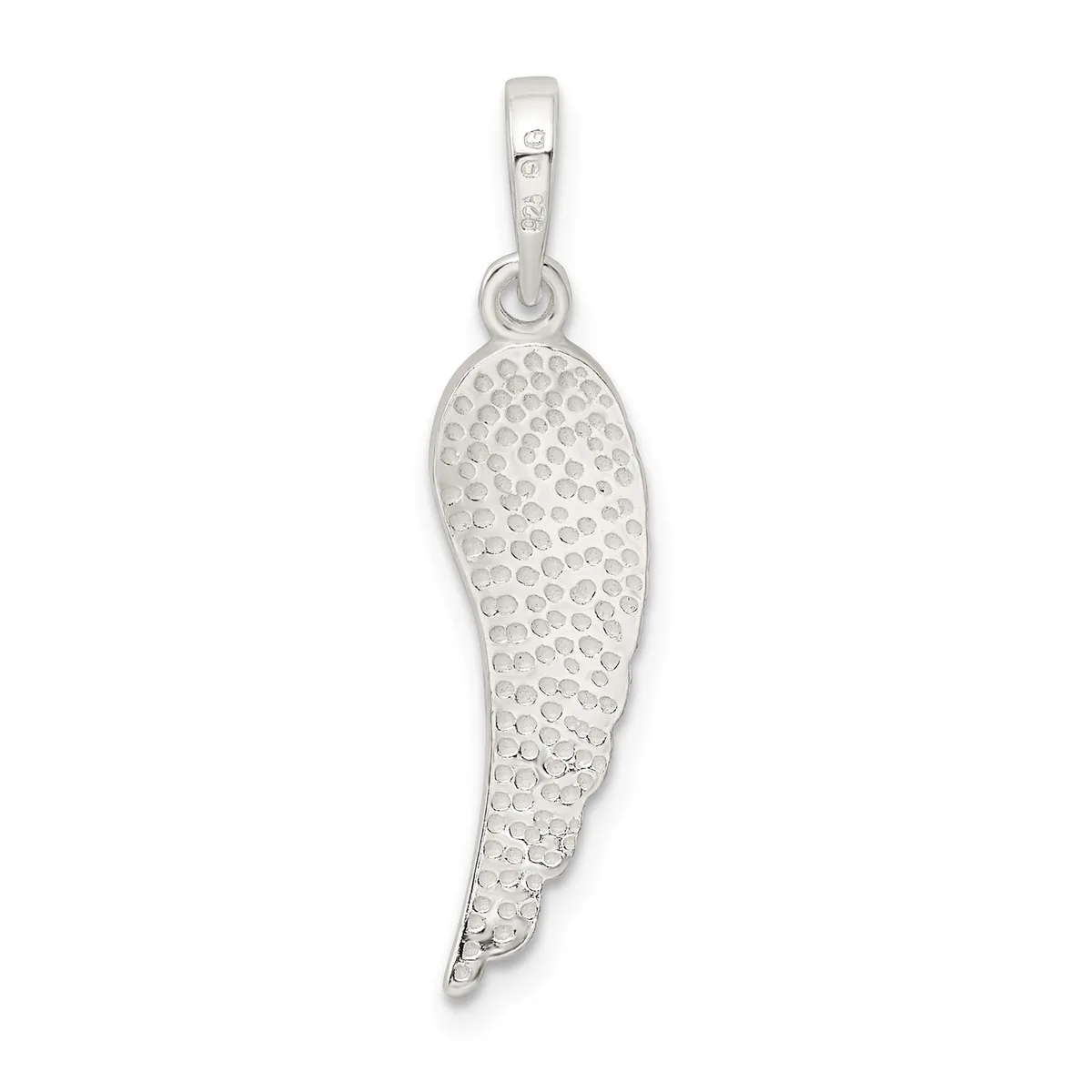 A silver wing-shaped pendant with a textured dotted surface and a small stamped hallmark, suspended from a silver bail.