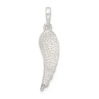 A silver wing-shaped pendant with a textured dotted surface and a small stamped hallmark, suspended from a silver bail.
