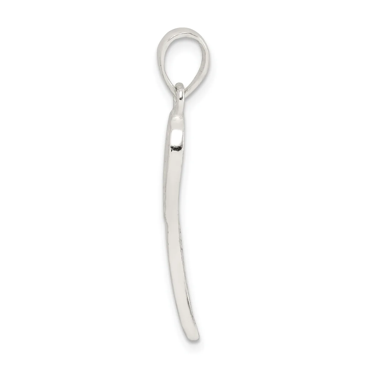 A silver-toned metal loop pendant with a long cylindrical bail and small decorative accent, shown hanging against a white background.
