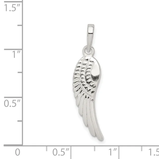 A silver wing-shaped pendant with detailed feather texturing, shown next to a ruler measuring approximately 1.25 inches in length.