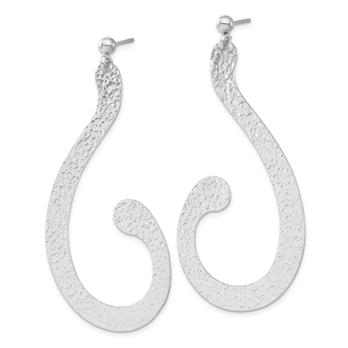 Pair of silver textured teardrop-shaped dangle earrings with stud posts, displayed side by side against a white background.