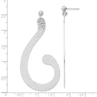 Two silver hook earrings with textured surfaces displayed against a measurement scale, one curved hook-shaped and one straight with a chain detail.