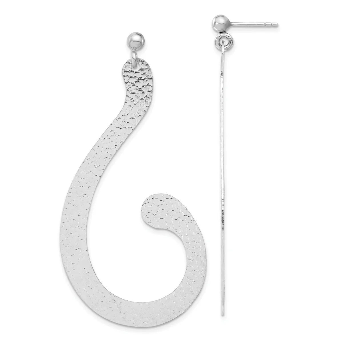 A pair of silver hook earrings with textured surfaces, one curved in an elongated S-shape and one straight with a thin chain, both suspended from small round posts.
