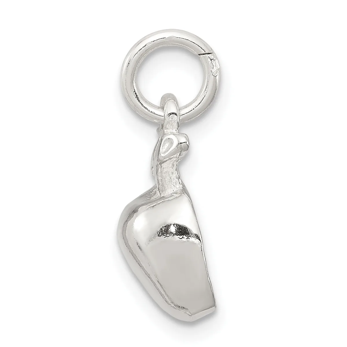 A silver acorn charm with a jump ring at the top, shown suspended against a white background.