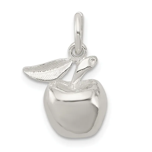 Silver charm pendant depicting an apple with a leaf, shown hanging from a silver bail against a white background.