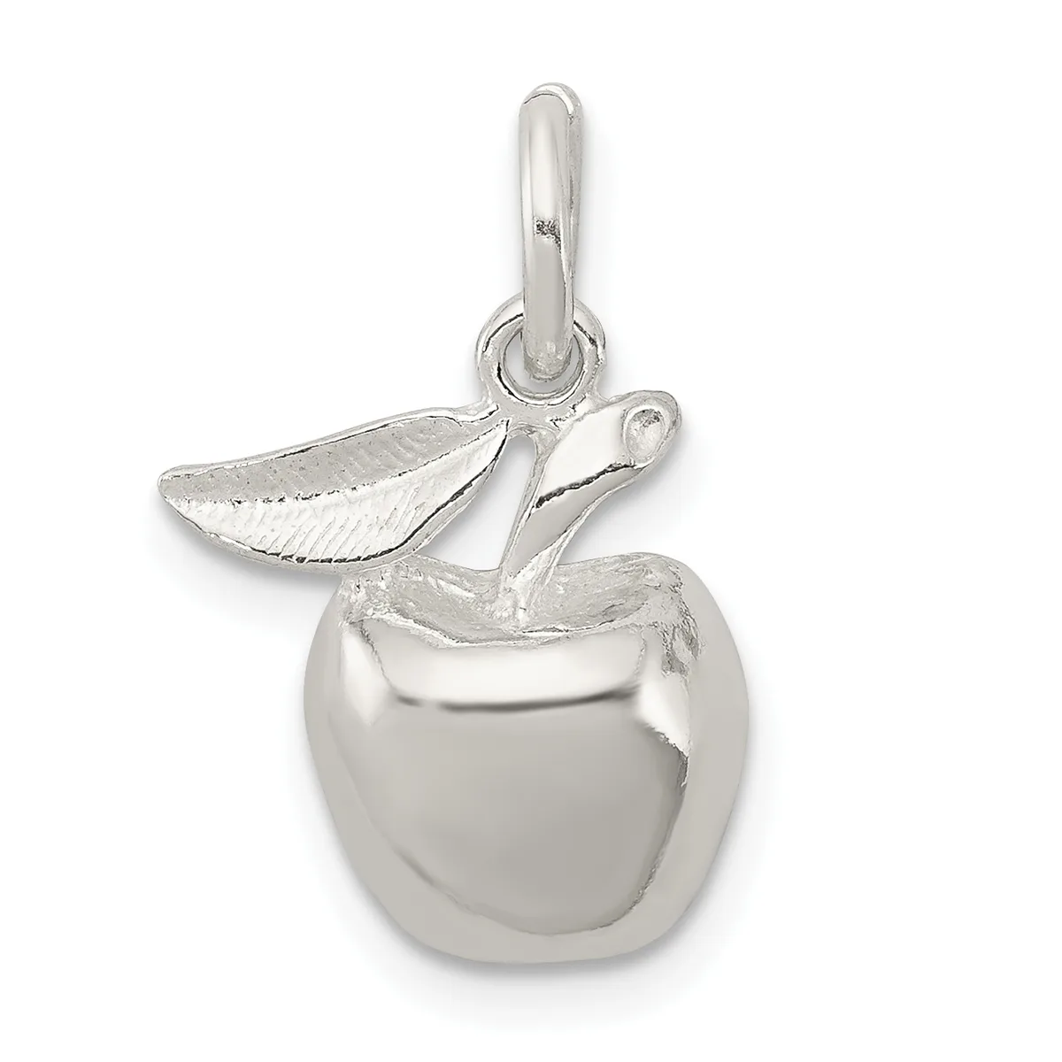 Silver charm pendant depicting an apple with a leaf, shown hanging from a silver bail against a white background.