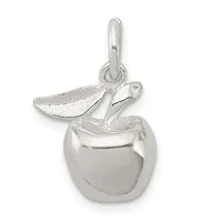 Silver charm pendant depicting an apple with a leaf, shown hanging from a silver bail against a white background.