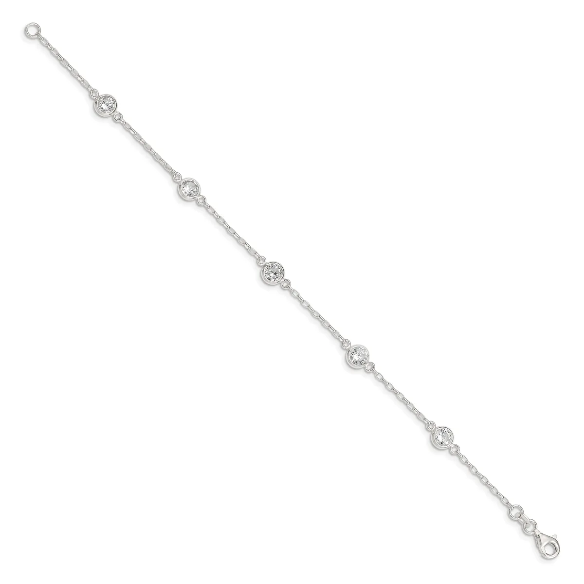 Silver-tone bracelet with five circular crystal or rhinestone stations evenly spaced along a delicate chain, with small loop closures at each end.