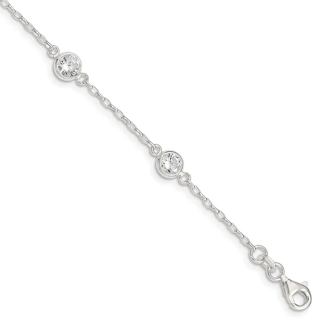 Silver-toned bracelet with delicate chain and two round clear crystal stones set in bezels, featuring a lobster clasp closure.