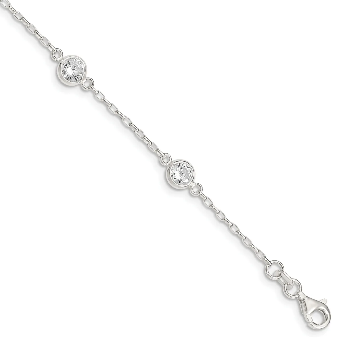Silver-toned bracelet with delicate chain and two round clear crystal stones set in bezels, featuring a lobster clasp closure.