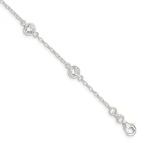 Silver-toned bracelet with delicate chain and two round clear crystal stones set in bezels, featuring a lobster clasp closure.