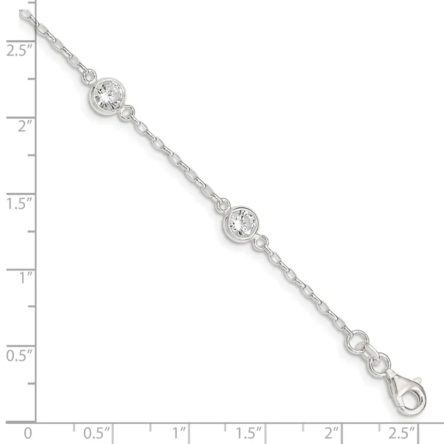 Silver-toned bracelet with two round cubic zirconia stations connected by a textured chain, displayed against a ruler showing approximately 2.5 inches in length.