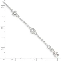 Silver-toned bracelet with two round cubic zirconia stations connected by a textured chain, displayed against a ruler showing approximately 2.5 inches in length.