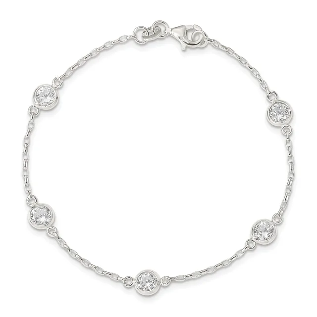 Silver bracelet with five round cubic zirconia stones set in bezels spaced evenly along a chain, displayed on a white background.