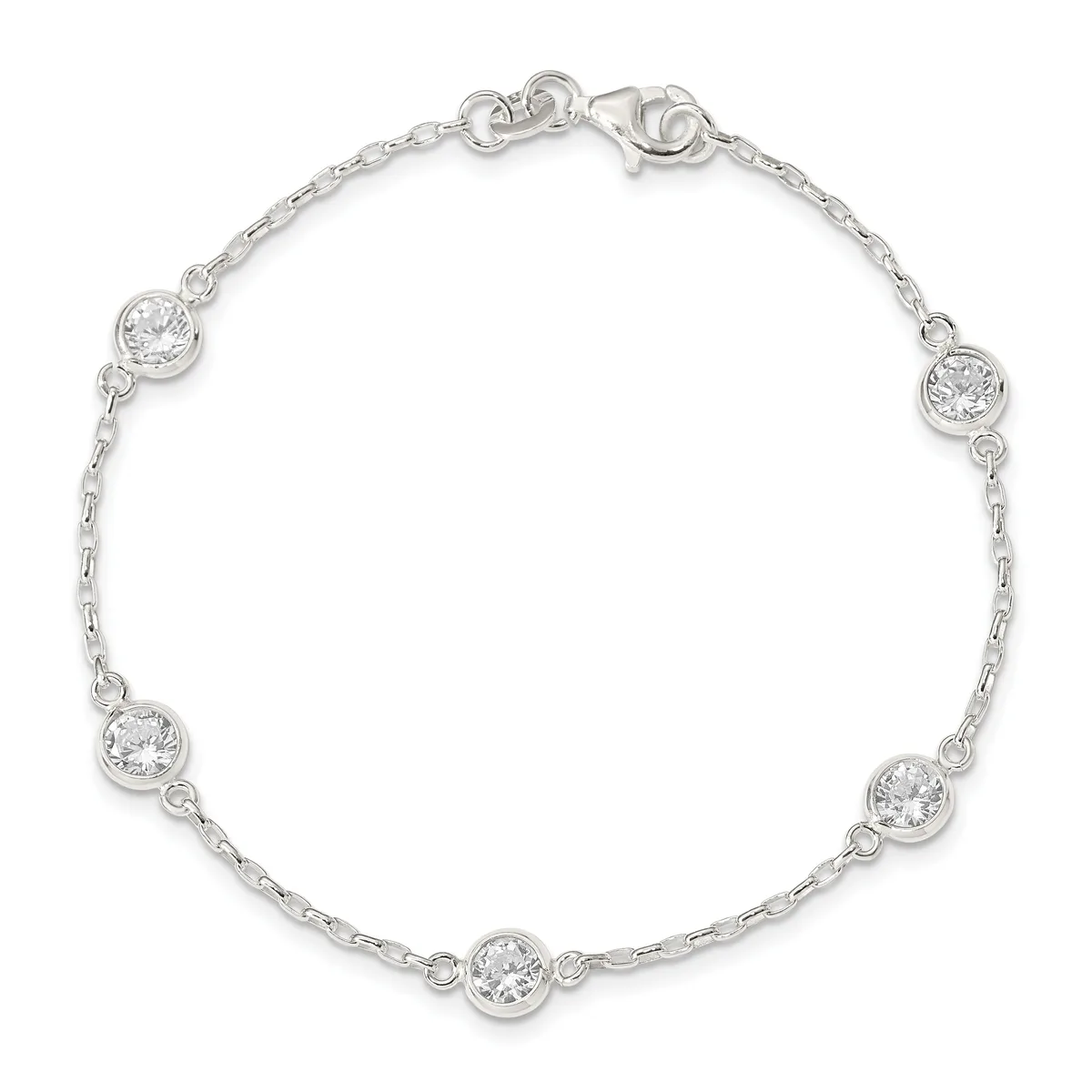Silver bracelet with five round cubic zirconia stones set in bezels spaced evenly along a chain, displayed on a white background.