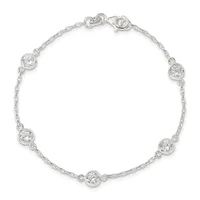 Silver bracelet with five round cubic zirconia stones set in bezels spaced evenly along a chain, displayed on a white background.