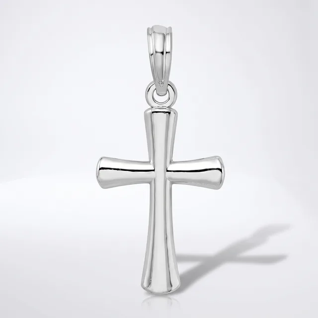 A polished silver cross pendant with tapered arms and a loop bail at the top, displayed against a white background.