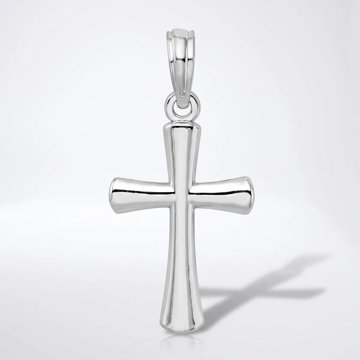 A polished silver cross pendant with tapered arms and a loop bail at the top, displayed against a white background.