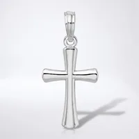 A polished silver cross pendant with tapered arms and a loop bail at the top, displayed against a white background.