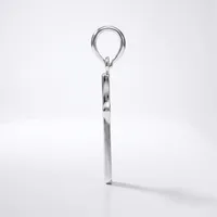 A polished metal keyring with a circular loop at the top and a rectangular body, shown vertically against a white background with a shadow cast to the right.