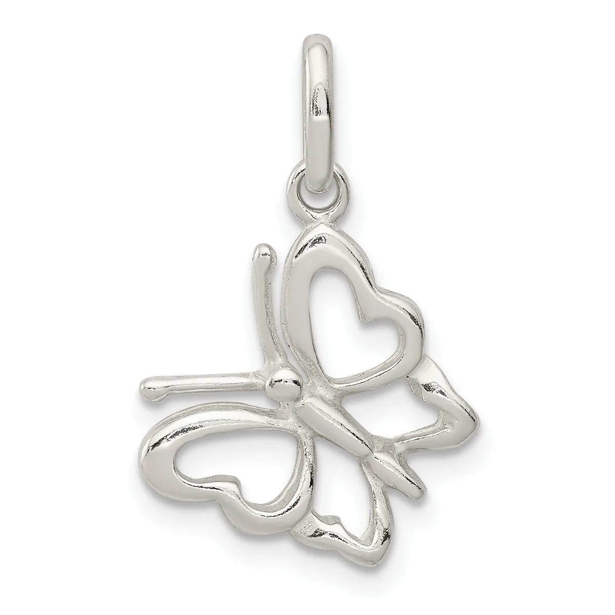 Silver four-leaf clover pendant with open heart-shaped cutouts on each leaf, hanging from a small loop bail.