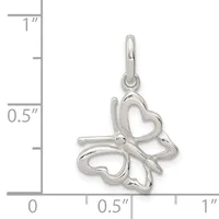 Silver pendant featuring two connected heart shapes with a bow, shown next to a ruler indicating approximately one inch in height.