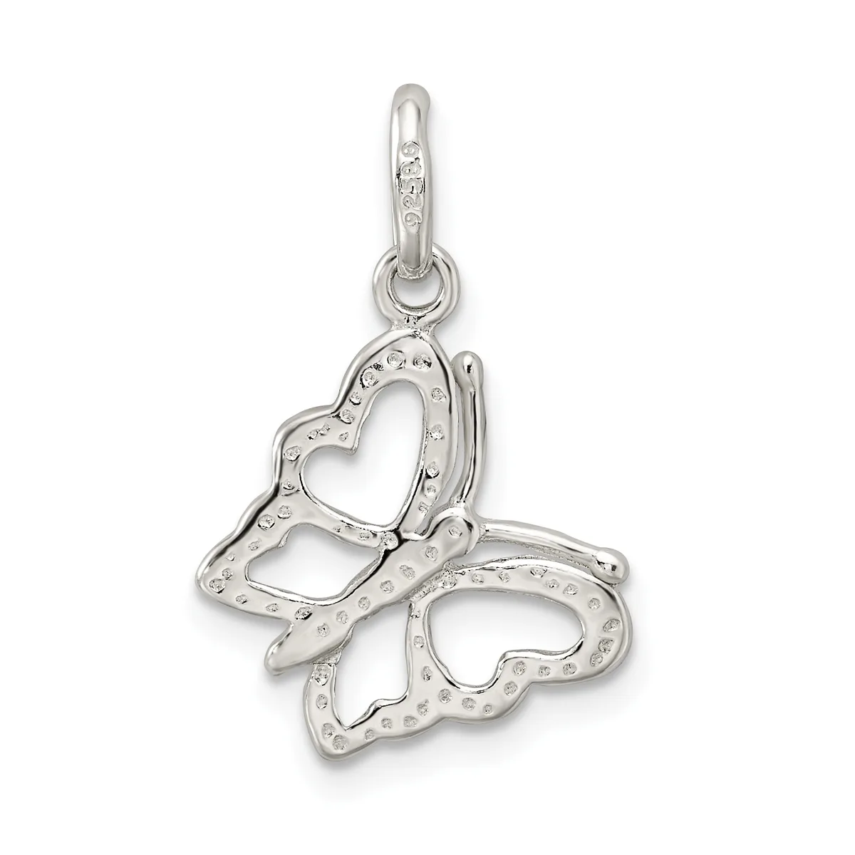 Silver charm pendant featuring three interlocking heart shapes with dotted texturing, suspended from a bail loop.
