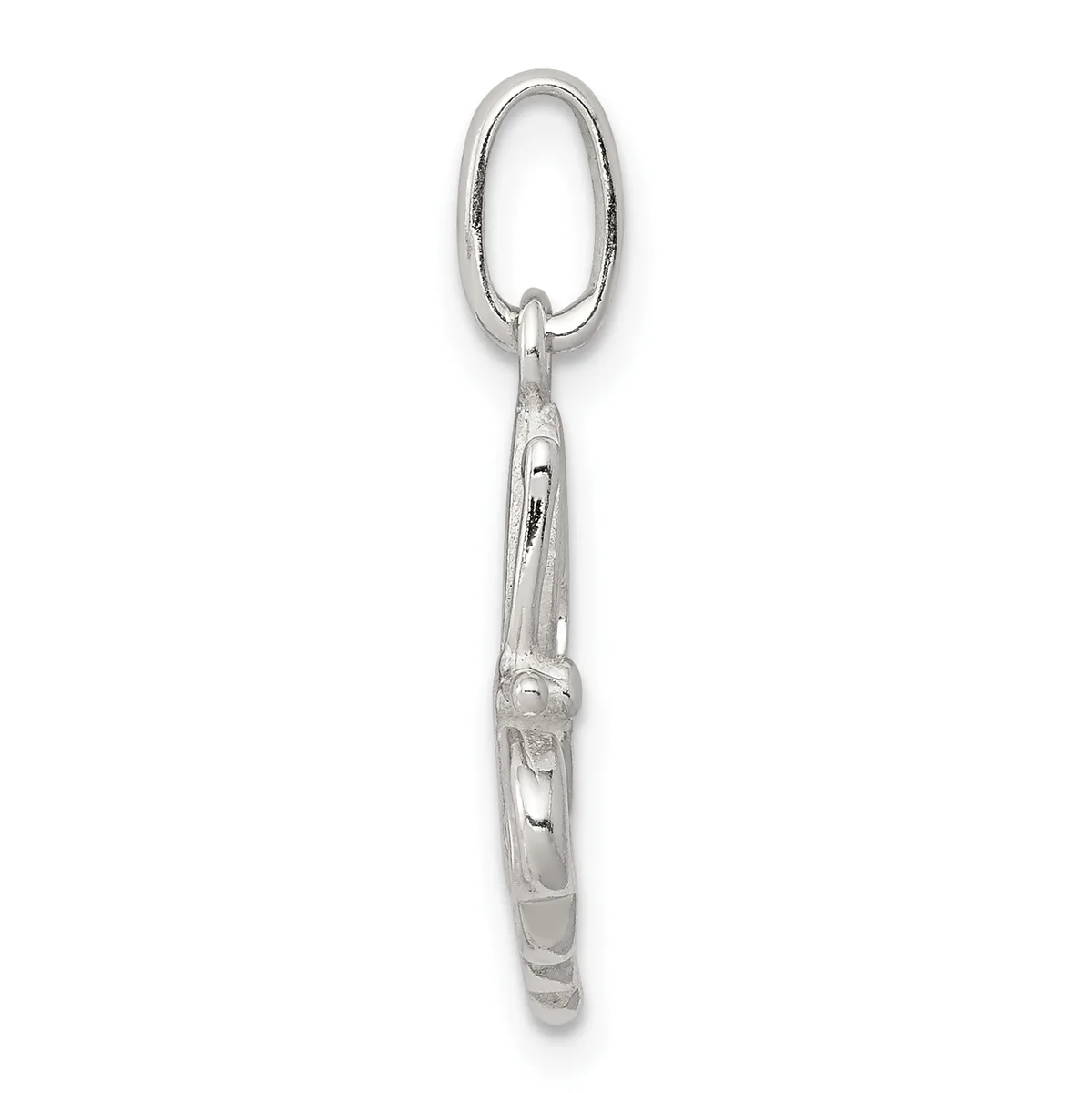 A silver carabiner clip with an oval loop at the top attached to a tapered silver cone-shaped pendant with a small stamped hallmark.