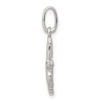 A silver carabiner clip with an oval loop at the top attached to a tapered silver cone-shaped pendant with a small stamped hallmark.