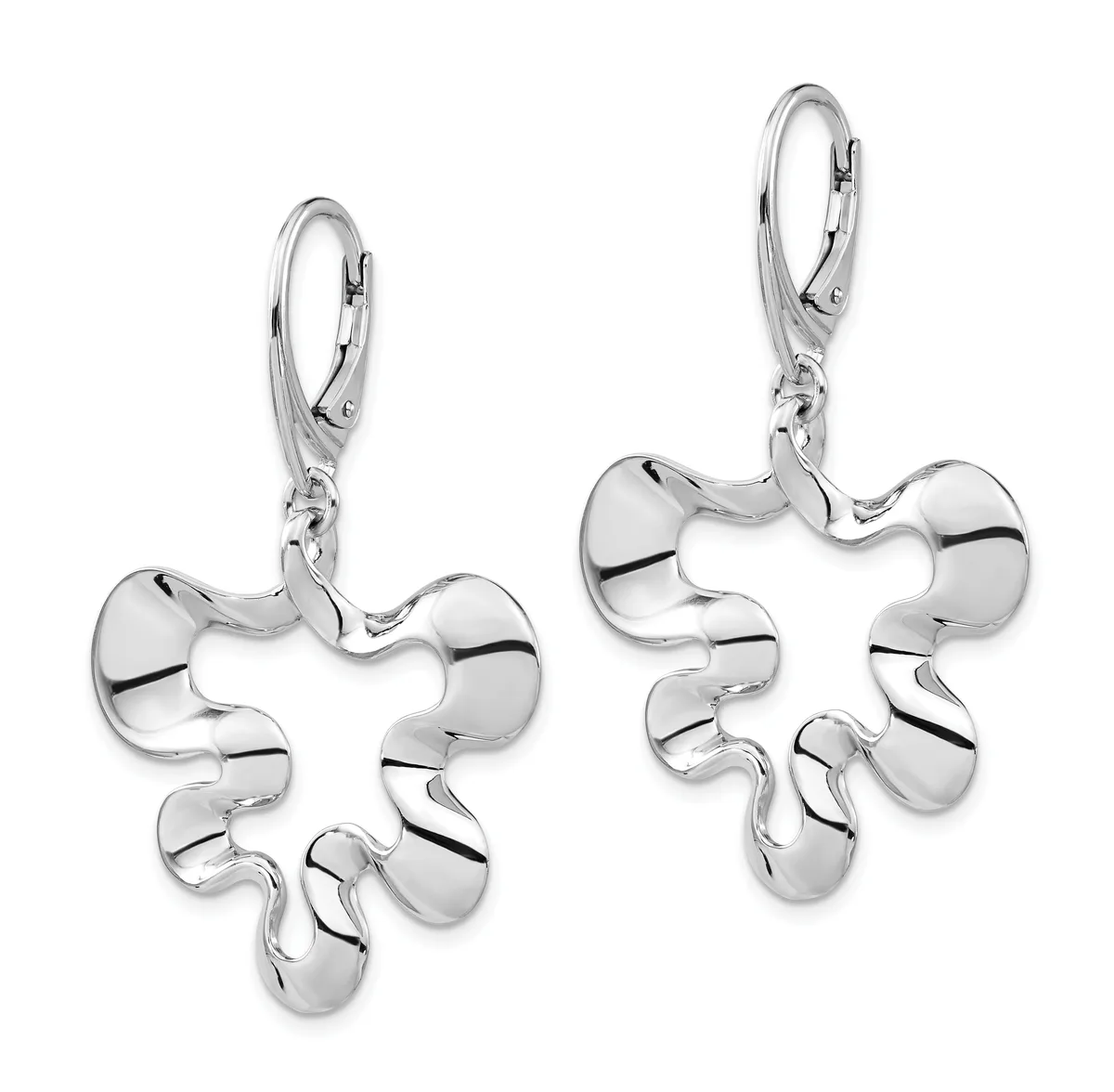 Pair of silver drop earrings with lever-back closures featuring abstract curved and scrolled designs that dangle from the hooks.