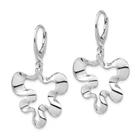 Pair of silver drop earrings with lever-back closures featuring abstract curved and scrolled designs that dangle from the hooks.