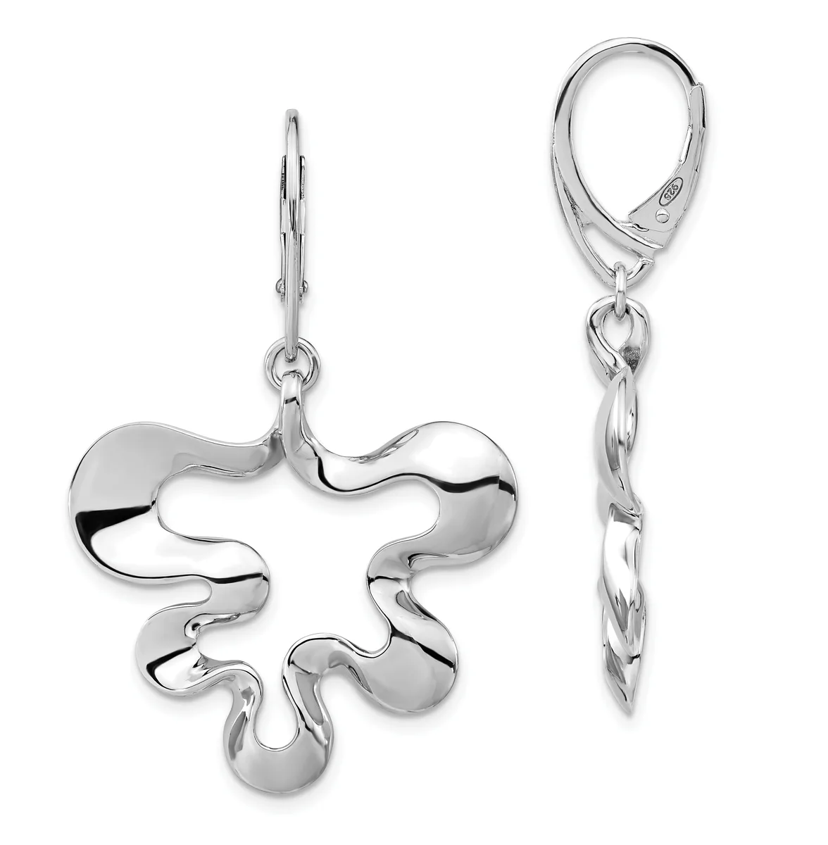 A pair of silver drop earrings with organic, flowing petal-like shapes and leverback closures, shown from front and side views.