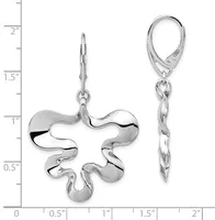 Silver drop earrings with organic wavy petal-like shapes and lever-back closures, shown at actual size on a measurement scale.