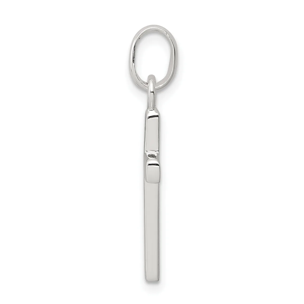 Silver rectangular pendant with small stamped hallmark hanging from an oval link on a white background.