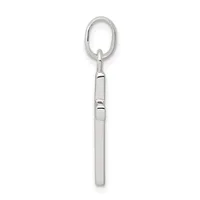 Silver rectangular pendant with small stamped hallmark hanging from an oval link on a white background.