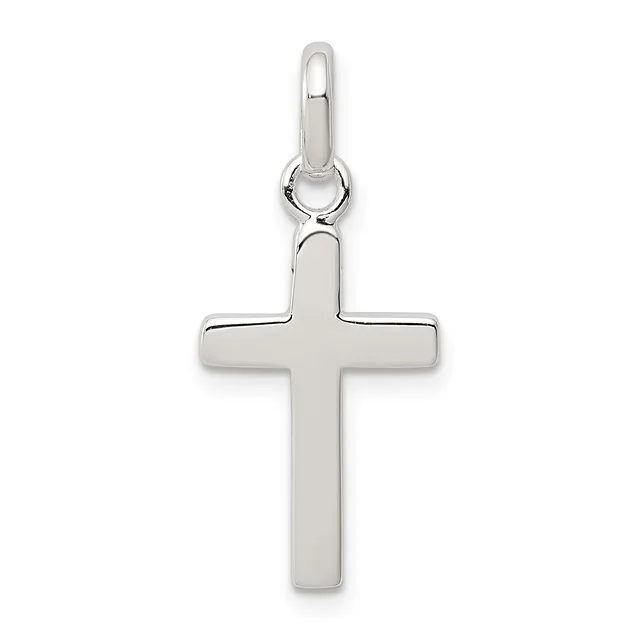 A polished silver cross pendant with a rounded bail loop at the top, shown hanging against a white background.