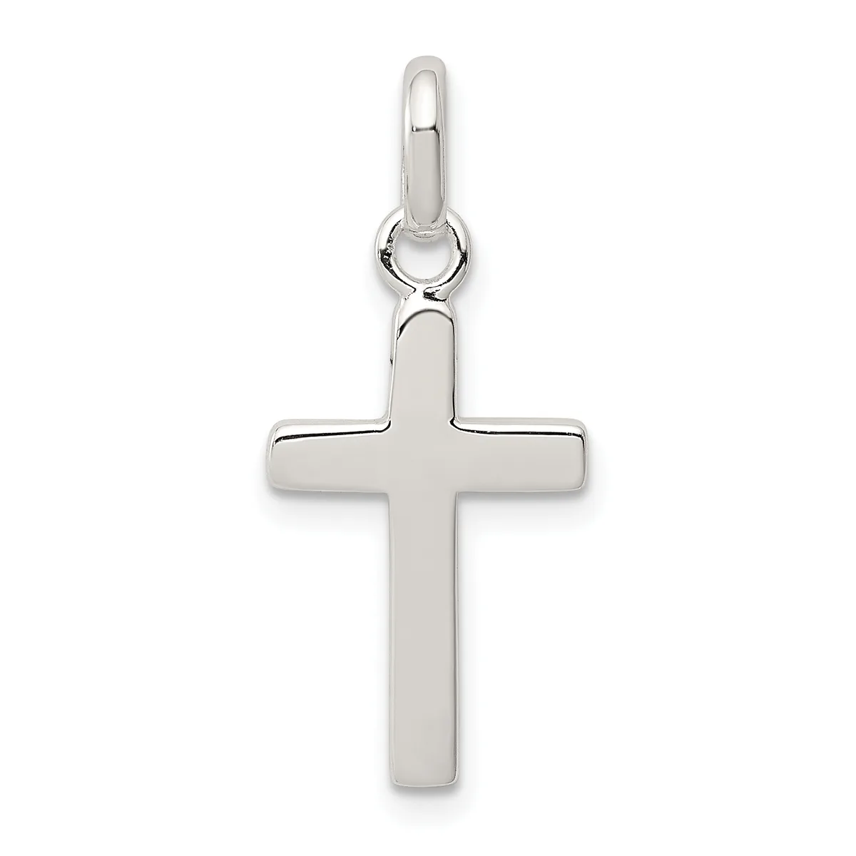 A polished silver cross pendant with a rounded bail loop at the top, shown hanging against a white background.