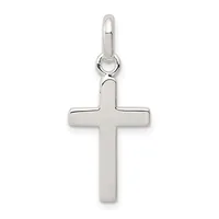 A polished silver cross pendant with a rounded bail loop at the top, shown hanging against a white background.