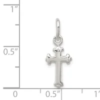 A silver cross pendant with flared ends shown against a measurement scale indicating its size is approximately 0.5 inches wide and 1 inch tall.