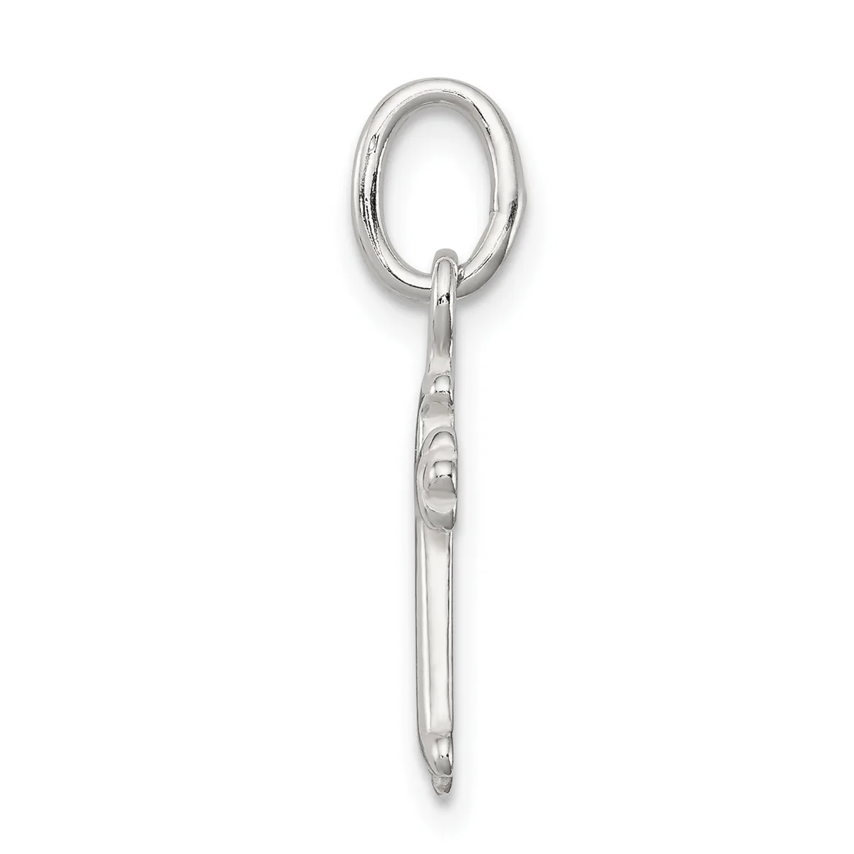 A silver keychain charm consisting of an oval ring attached to an elongated tapered shaft with decorative swirled details in the middle section.
