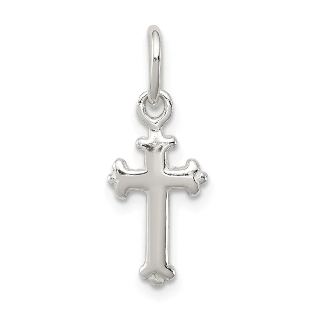 Silver cross pendant with flared ends and a small stamped hallmark, suspended from a silver bail loop.