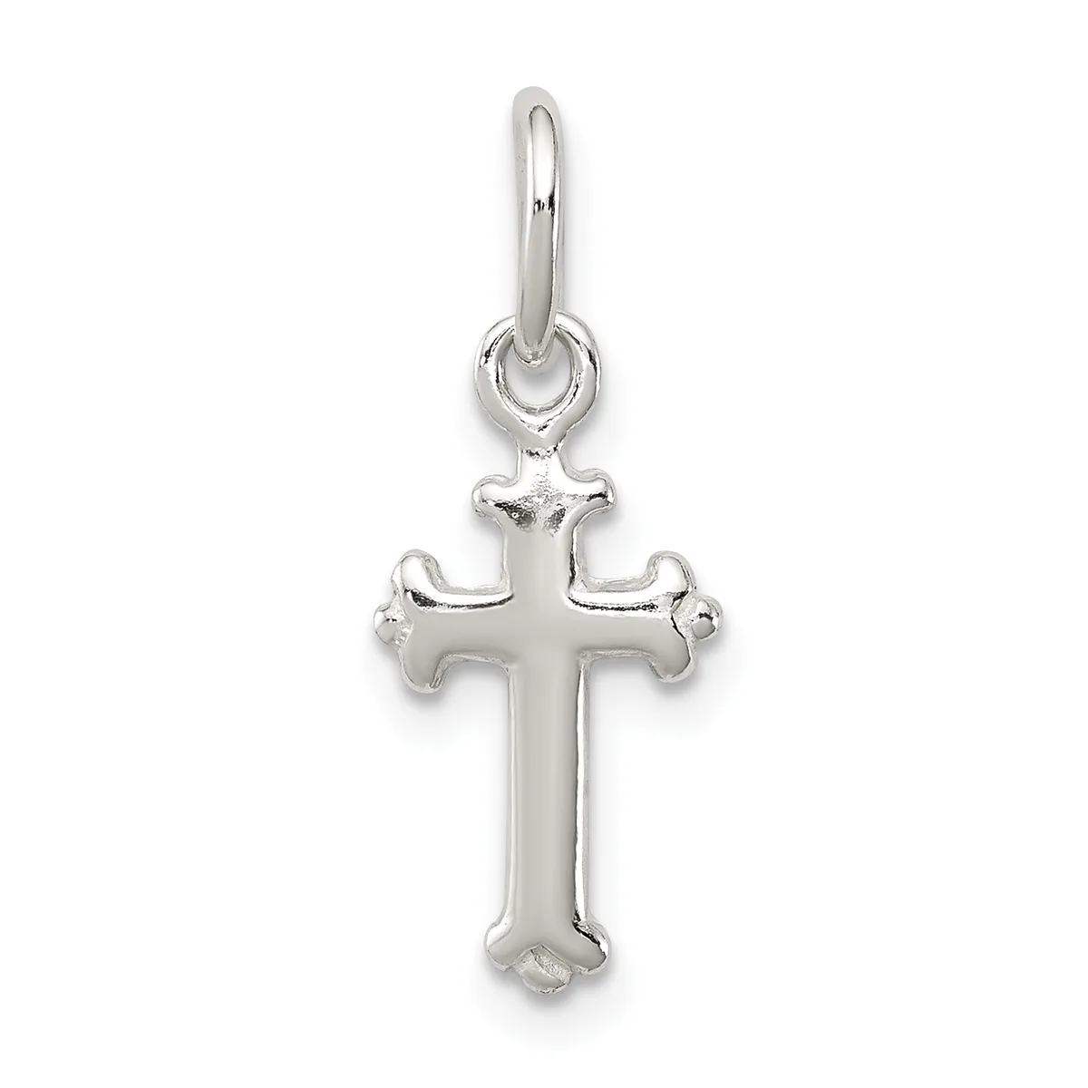 Silver cross pendant with flared ends and a small stamped hallmark, suspended from a silver bail loop.