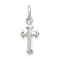 Silver cross pendant with flared ends and a small stamped hallmark, suspended from a silver bail loop.