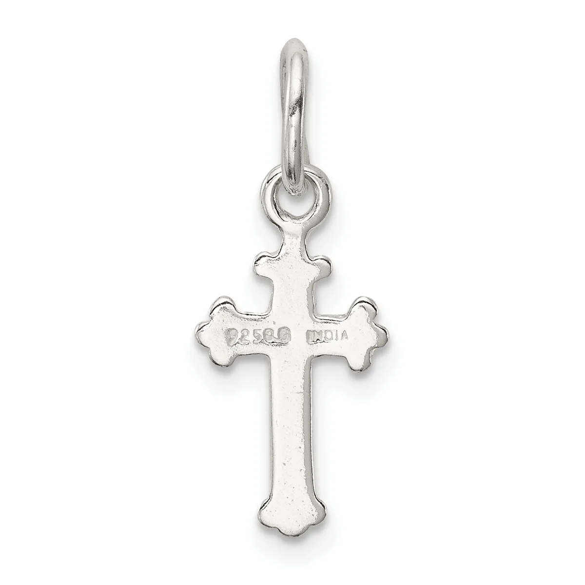 Sterling silver cross pendant with flared ends and a loop attachment at the top, displayed against a white background.