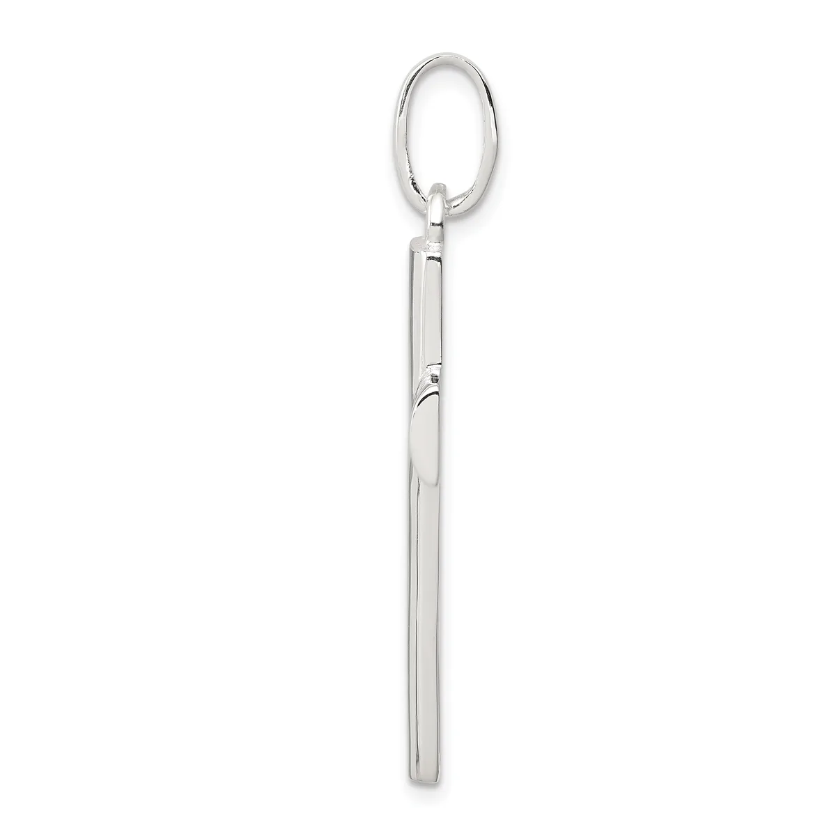 A silver-toned long pendant with an oval loop at the top and a slender rectangular shaft below, displayed vertically against a white background.