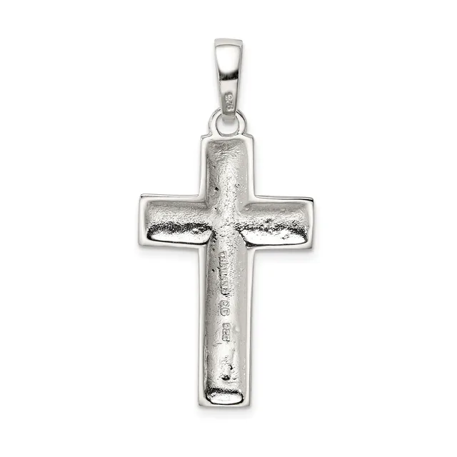 A silver cross pendant with a textured surface and a small loop at the top for hanging on a chain.