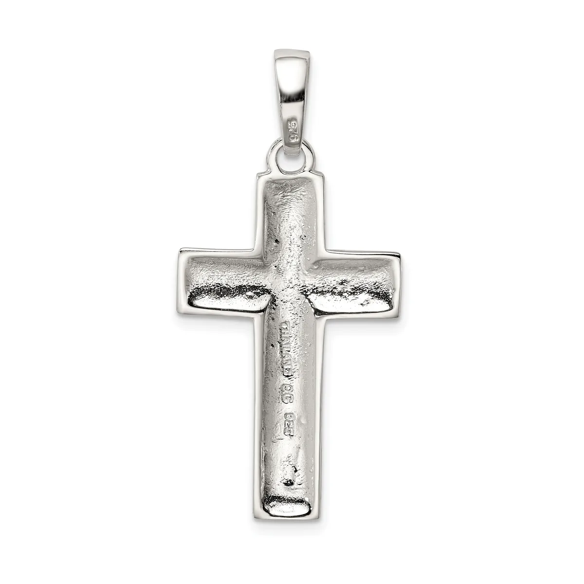 A silver cross pendant with a textured surface and a small loop at the top for hanging on a chain.