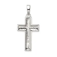 A silver cross pendant with a textured surface and a small loop at the top for hanging on a chain.