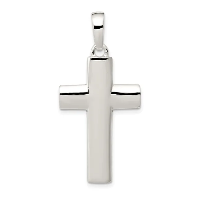 A polished silver cross pendant with a rounded rectangular form and beveled edges, suspended from a silver bail loop.