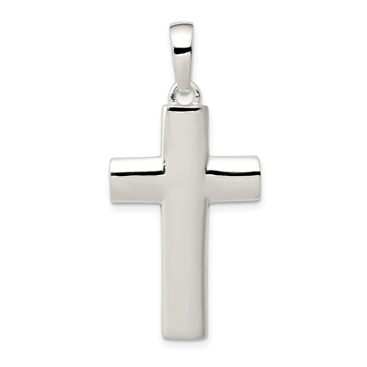 A polished silver cross pendant with a rounded rectangular form and beveled edges, suspended from a silver bail loop.